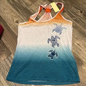 Orange and Teal Ombre Tank Top with Turtle Design